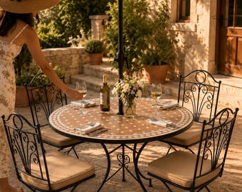Conjunto de bistró para exteriores / Muebles de patio de mosaico de hierro forjado / Mesa redonda de jardín con orificio para sombrilla / Conjunto de bistró de 3 piezas hecho a mano para balcones