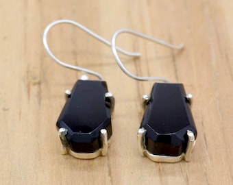 Boucles d'oreilles pour femmes avec cercueil en cristal d'onyx noir, pierres précieuses et bijoux bizarres uniques faits main en argent sterling 925, cadeau de Saint-Valentin pour petite amie