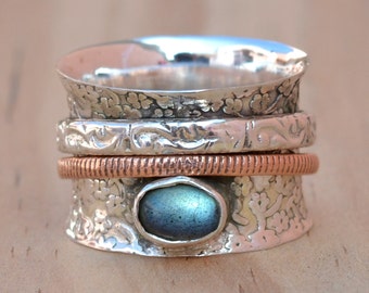 Labradorite Silver Fidget Spinner Ring Women Wide Band Statement Jewelry, 925 Sterling Silver & Cooper Jewelry, Unique Handmade Gift For Her