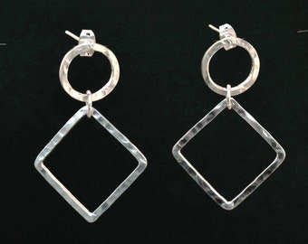 Sterling Silver Dangling Hoop Earrings, Geometric Square Drop Earrings, Long Silver Drop Square Dangle Earrings, Hammered Silver Jewelry