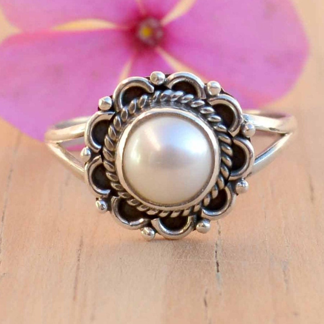 Flower Pearl Ring Silver Oxidized Jewelry Pearl Stone Ring Sterling Silver Pearl Statement Ring Women Pearl Wedding Gift for Women Etsy