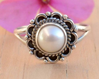 Flower Pearl Ring, Silver Oxidized Jewelry, Pearl Stone Ring Sterling Silver, Pearl Statement Ring Women, Pearl Wedding Gift For Women