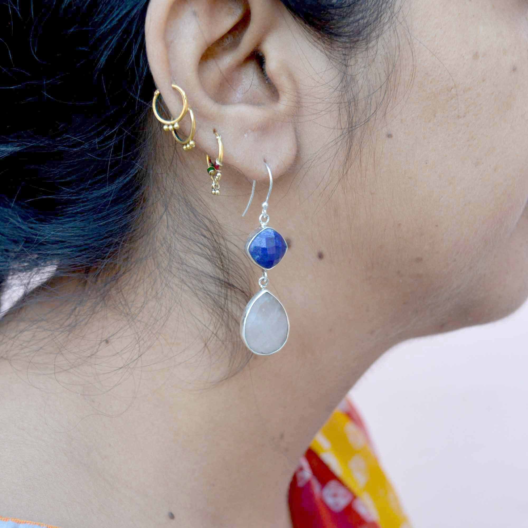 Boucles D'oreilles En Argent 925 Avec Quartz Rose Et Lapis Lazuli - Pierres Naturelles Pendantes