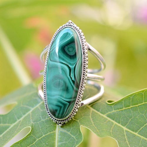Handmade Sterling Silver Malachite Statement Ring: Oval Boho