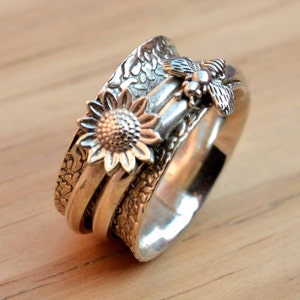 Sterling Silver Spinner Ring, Anxiety Sunflower Fidget Ring, Silver Wide Band Ring Women, Bee & Flower Spinner Ring , Thumb Boho Ring Women