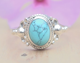 Boho Turquoise Ring: 925 Sterling Silver Oval Gemstone Ring
