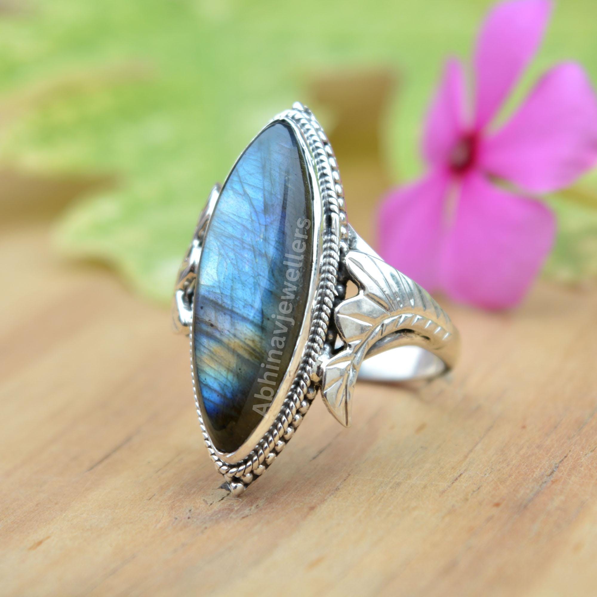Blue Labradorite Leaf Ring: Sterling Silver Boho Statement Jewelry