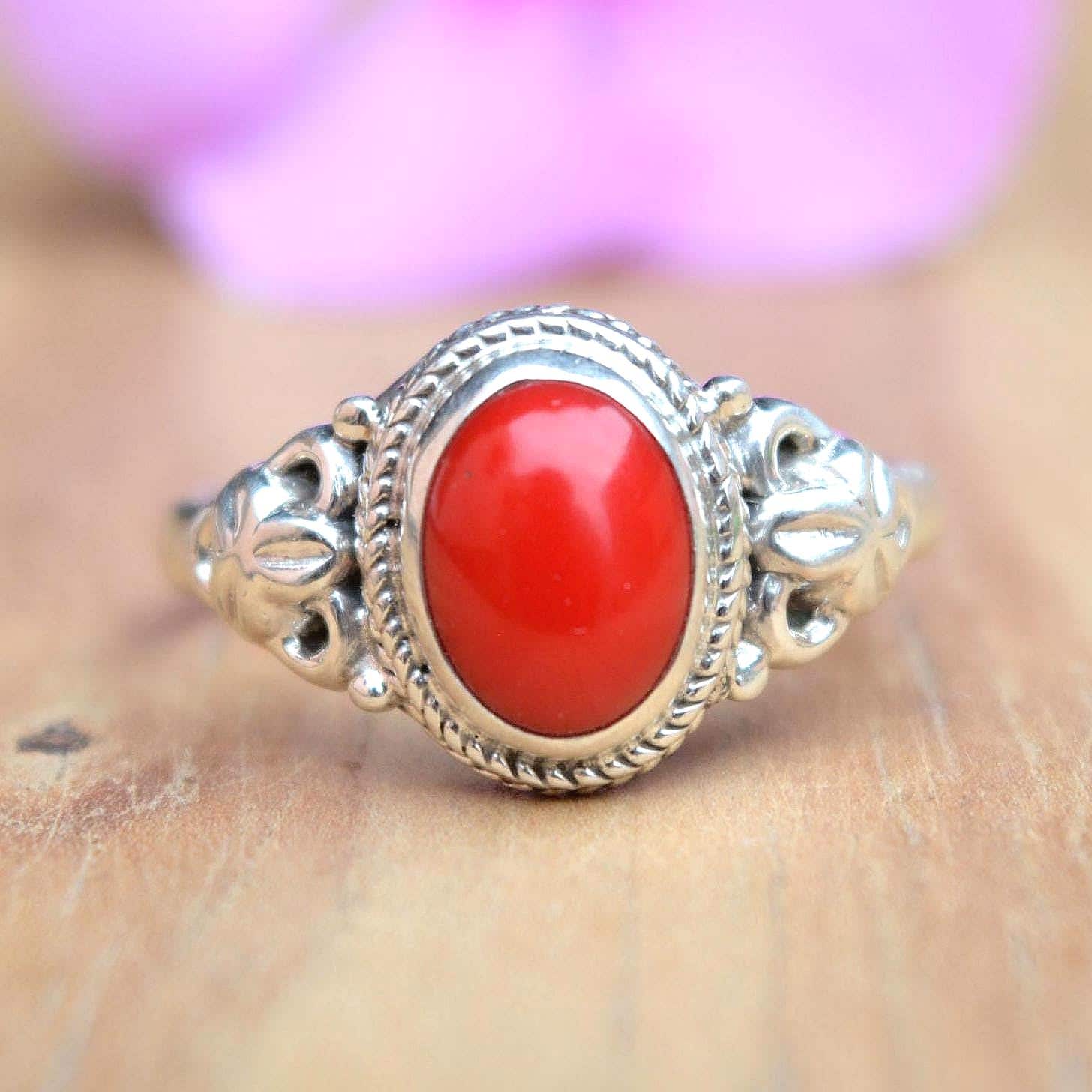 Oval Red Coral Ring: Sterling Silver Leaf Design, Handmade Jewelry