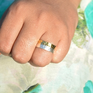 Two Tone Band Ring, Sterling Silver Hammered Band Ring For Women, Thumb Ring, Minimalist Textured Ring, Two Color Wedding Ring, Gift For Him