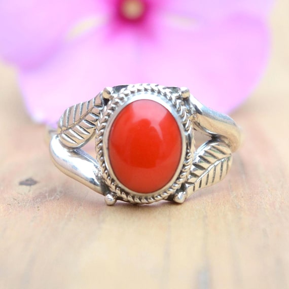 Handmade Coral Ring: Sterling Silver Leaf Design, Oval Gemstone - Etsy