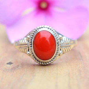 Red Coral Ring: Sterling Silver Leaf Design, Handmade Jewelry