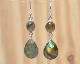 Labradorite Earrings, Blue Gemstone Teardrop Earrings, Faceted Statement Earrings, Silver Drop Dangle Earrings For Women, Gift For Her