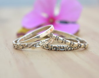 Sterling Silver Stacking Ring Set: Textured Boho Chic Rings