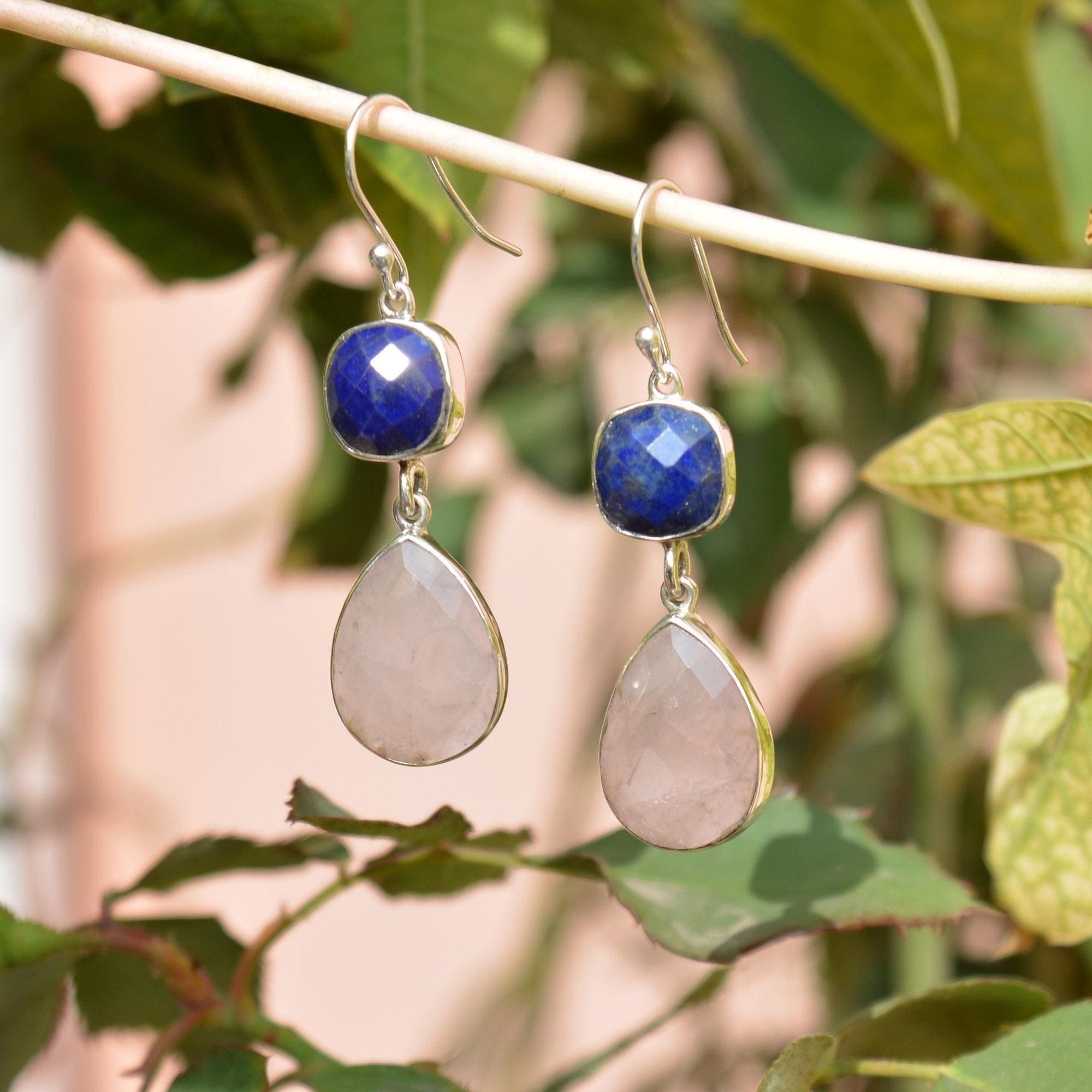 Boucles D'oreilles Argent 925 Avec Quartz Rose Et Lapis Lazuli - Pendantes Dormeuses - Occasion