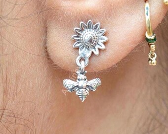 Sterling Silver Sunflower Bee Earrings: Cottagecore Nature Jewelry