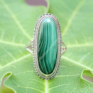 Malachite Statement Ring: Sterling Silver Oval Gemstone, Handmade Boho Jewelry