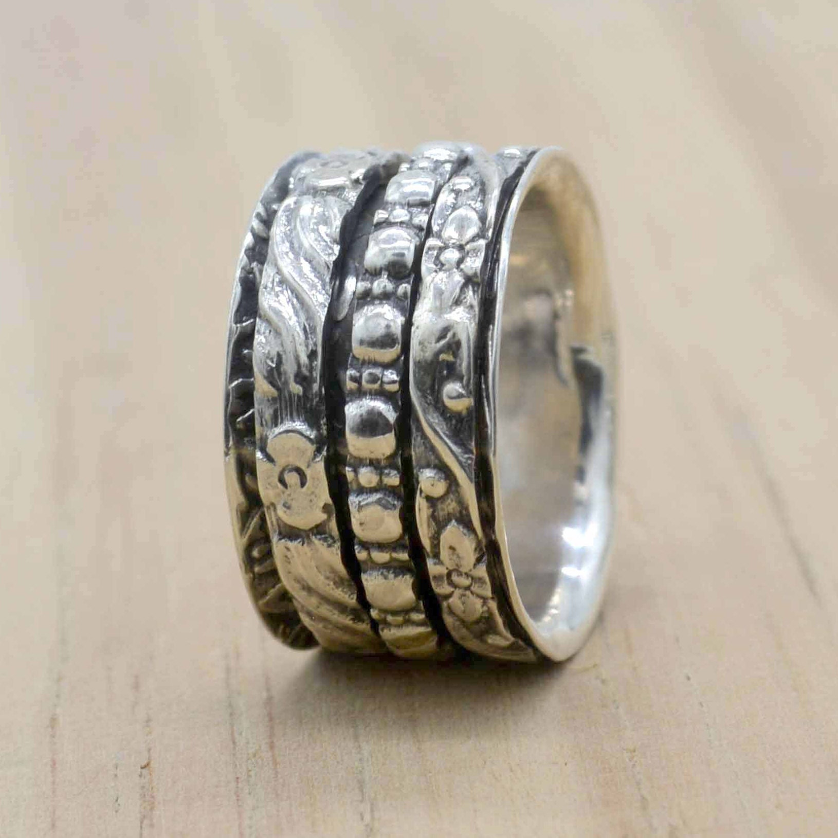Sterling Silver Wide Band Spinner Ring: Floral Fidget Anxiety Ring - Etsy