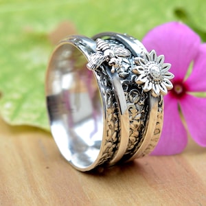 Sterling Silver Sunflower Bee Spinner Ring: Wide Band Anxiety Fidget Ring