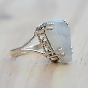 Rainbow Moonstone Ring, Sterling Silver Coffin Ring, Boho Moonstone Women Ring, Coffin Gemstone Ring, Halloween Unique Gift Handmade Jewelry