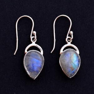 Blue Moonstone Sterling Silver Earrings: Handmade Pear Drop Dangle