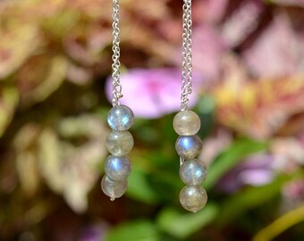 Boho Labradorite Earrings, Gemstone Beads Dangle Earrings, Women Silver Earrings, Long Dangle Stone Earrings, Beaded Handmade Jewelry Gift