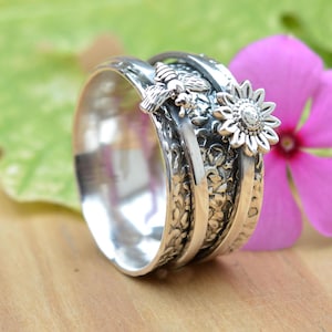 Sunflower and Bee Ring Spinner, Sterling Silver Ring for Women, Anxiety Ring Wide Band, Nature Inspired Ring Spinning Fidget Ring Thumb Ring