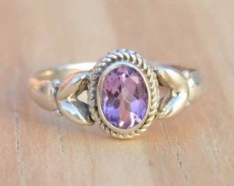 Purple Amethyst Sterling Silver Ring: Oval Gemstone, Minimalist Stacking Ring