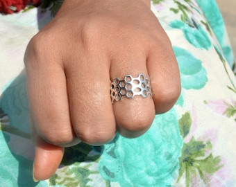 Handmade Sterling Silver Honeycomb Ring - Nature Inspired Bee Jewelry
