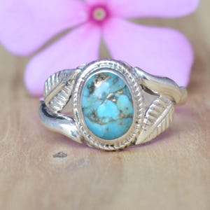 Cooper Turquoise Ring, Sterling Silver Leaf Ring Women, Statement Ring with Stone, Gemstone Boho Ring Bohemian Jewelry Handmade Gift For Her