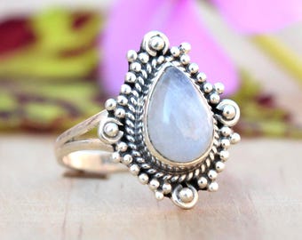 Anillo de piedra lunar en forma de pera, plata de ley oxidada, joyería de piedras preciosas para mujer