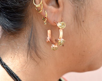 Raw Citrine Earrings, Open Hoop Earrings, Rose Gold Raw Gemstone Earrings, Rough Stone Earrings, Raw Crystal Earrings, Electroformed Jewelry