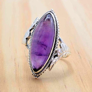 Marquise Amethyst Ring: Sterling Silver Leaf, February Birthstone