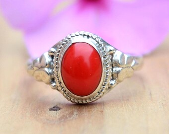 Red Coral Sterling Silver Ring: Handmade Gemstone Jewelry