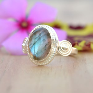 Rainbow Labradorite Ring, Blue Stone Ring, Sterling Silver Women Handmade Ring, Statement Silver Ring, Gemstone Women Ring Gift For Wife
