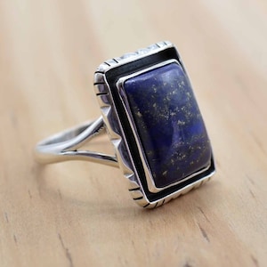 Lapis lazuli-ring, sterlingzilveren ring voor vrouwen, geboortesteenring zilveren stenen ring rechthoekige edelsteenring blauwe kristallen ring handgemaakt cadeau
