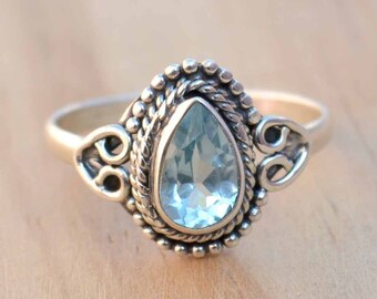 Bague topaze bleue en forme de larme, bague en argent pour femme, bijoux faits main, bague avec pierres précieuses, bijoux avec pierre de naissance, bague en cristal curatif, cadeau fait main pour elle