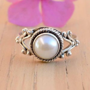Freshwater Pearl Ring, Silver Women Ring, Pearl White Gemstone Ring, Pearl Sterling Silver Jewelry, Pearl Wedding Anniversary Gift For Her