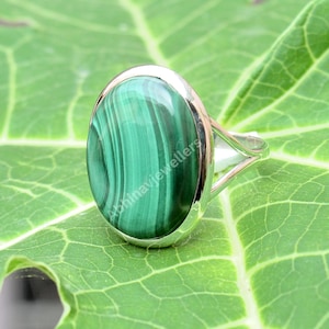 Large Oval Malachite Ring: Sterling Silver Boho Statement Ring