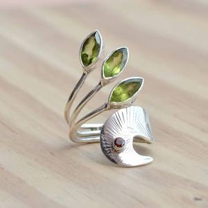 Large Statement Ring, Sterling Silver Women Ring, Green Peridot Ring, Multi-Stone Ring, Boho Gemstone Ring, Full Finger Ring, Unique Gift