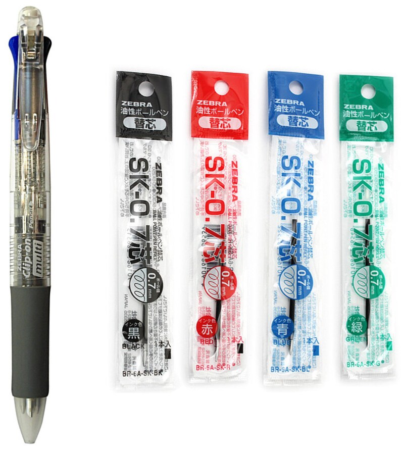 Zebra B4SA1 Clip-on multi 4+1 Transparent Multifunctional Pen 4pcs Red and Green 0.7mm Refills Value Set SK-0.7 Black Blue