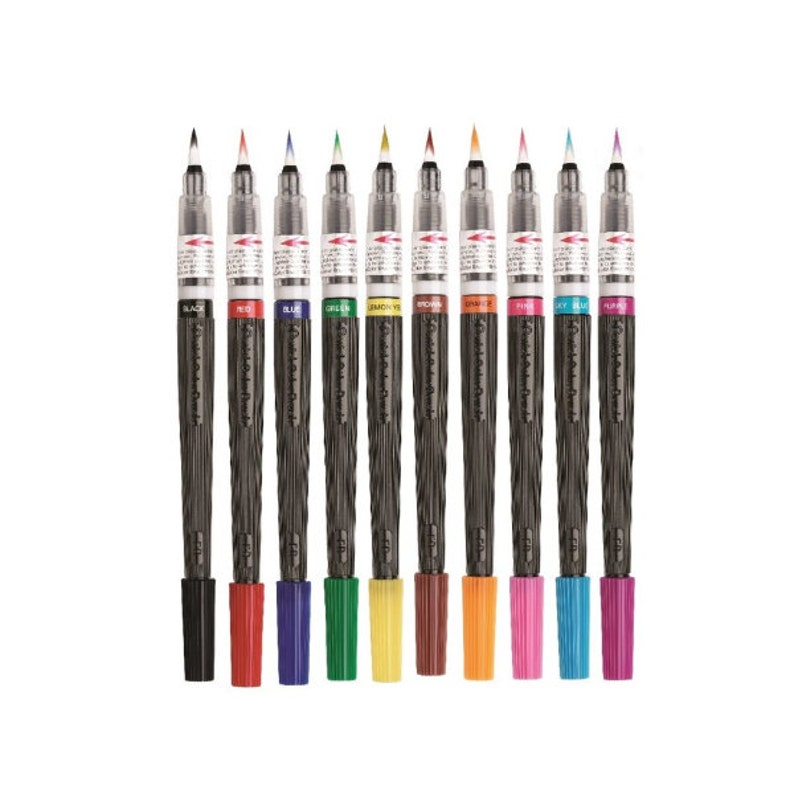 10 Colors Set Pentel Arts XGFL Refillable Calligraphy Fude Color Brush Pens
