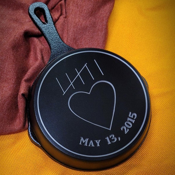 5" Engraved Cast Iron Skillet - Custom order - Custom date with hash marks/Heart