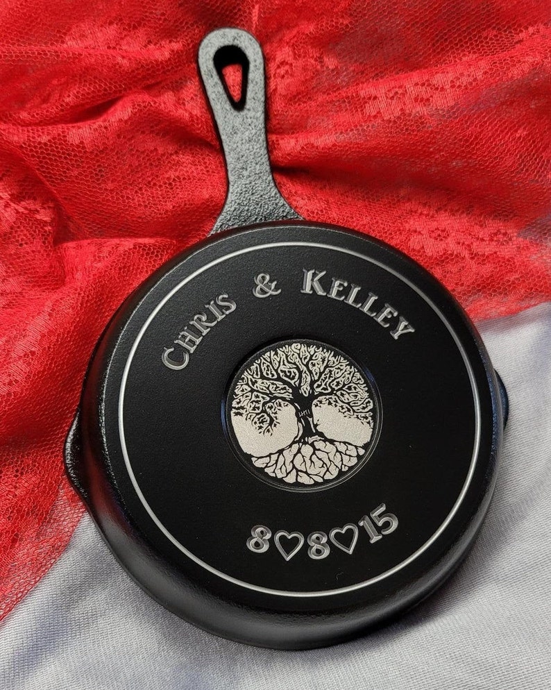 5 Inch Engraved Cast Iron Skillet 6 Year Anniversary Tree of Love image 2