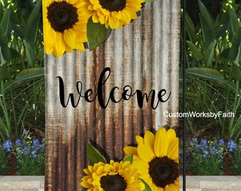 Welcome Garden Flag, double sided 12"x18", rustic sunflower flag