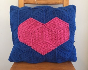 Crochet Tumbling Blocks Heart Cushion Pattern