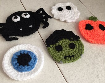 Halloween Crochet Coasters Pattern (Pumpkin, Spider, Ghost, Frankenstien's Monster, Eyeball)
