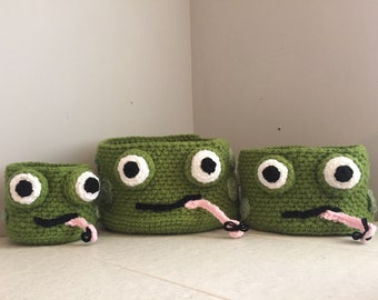Crochet Frog Storage Basket Pattern - 3 Basket Sizes
