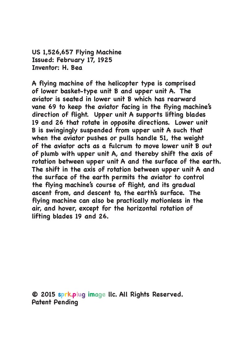 1925 Flying Machine U.S. Patent 1,526,657 sprk.plug image® card image 2