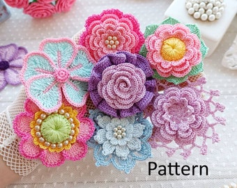 Set of PATTERNS for flowers 7 pcs. Flowers for jewelry. Crochet brooch flowers. Crochet wedding flowers. Headband crochet flowers.