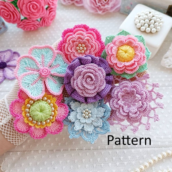 Set of PATTERNS for flowers 7 pcs. Flowers for jewelry. Crochet brooch flowers. Crochet wedding flowers. Headband crochet flowers.